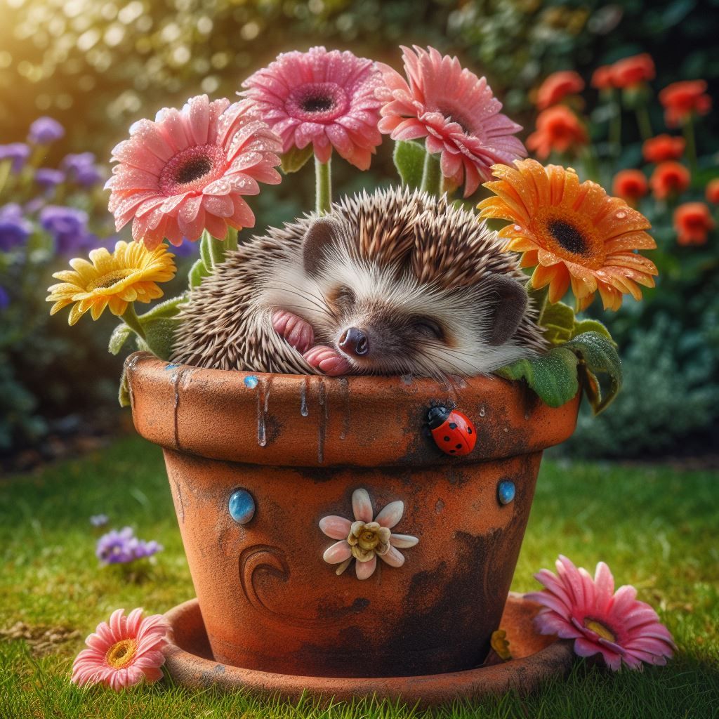 Sleepy Hedgehog ini a flowerpot