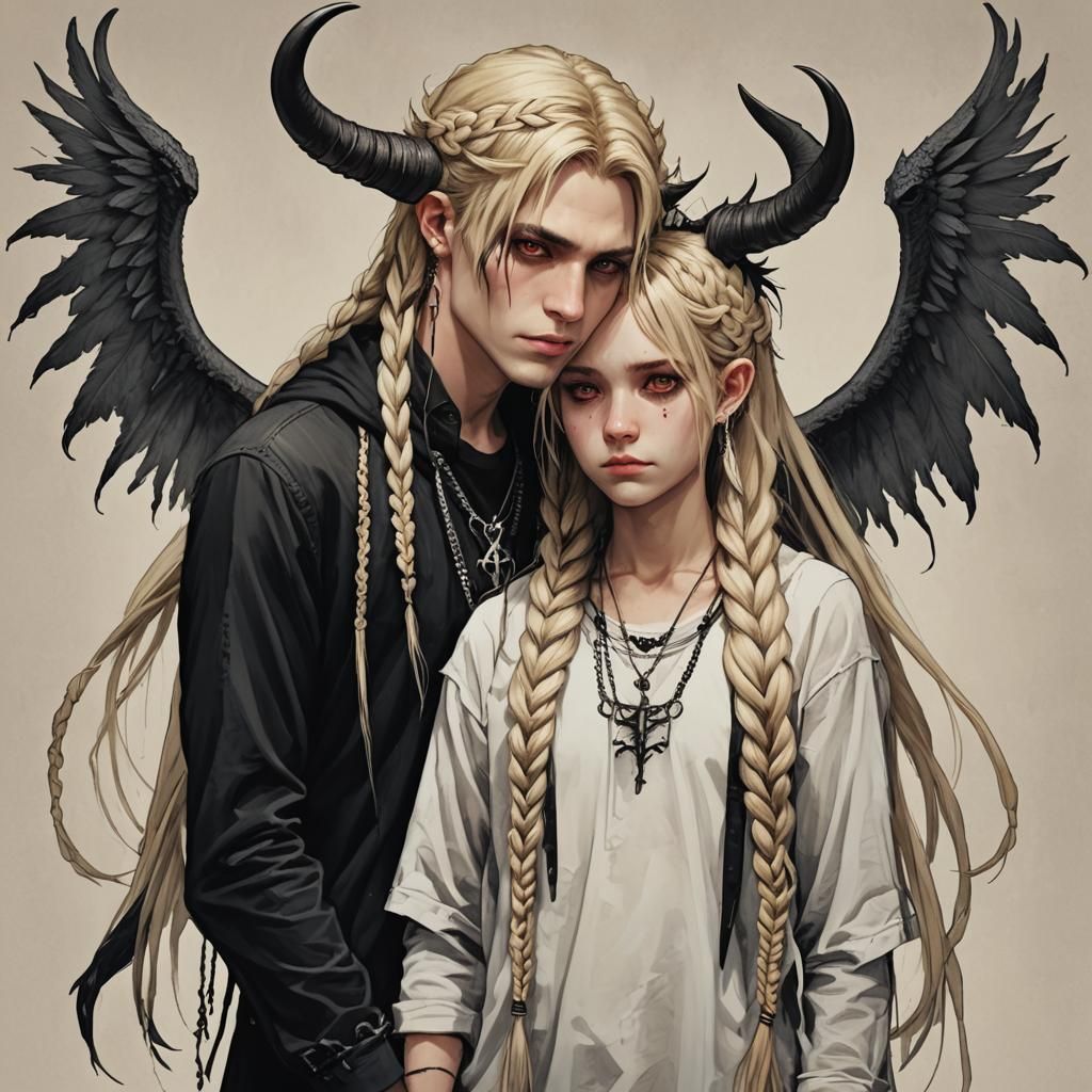  Mother Demon long blonde braids horns wings
  And emo son 