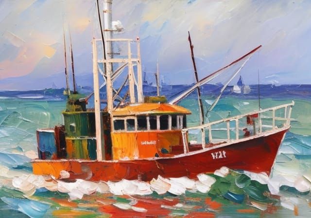 Trawler in Heavy Weather, palette-knife, neo-impressionism expressionist style oil painting, smooth post-impressionist impasto acrylic paint...