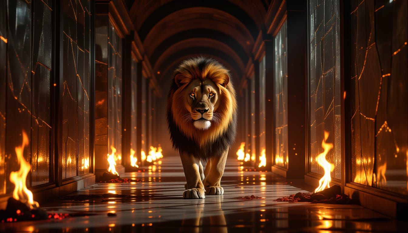 A majestic lion walking through a long corridor of mirrors