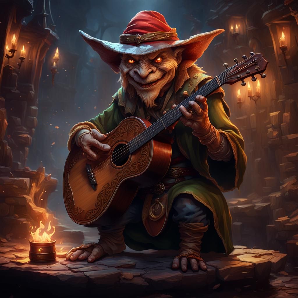 a charismatic Hobgoblin bard, captivating an audience with their enchanting music and storytelling prowess on a lively s...