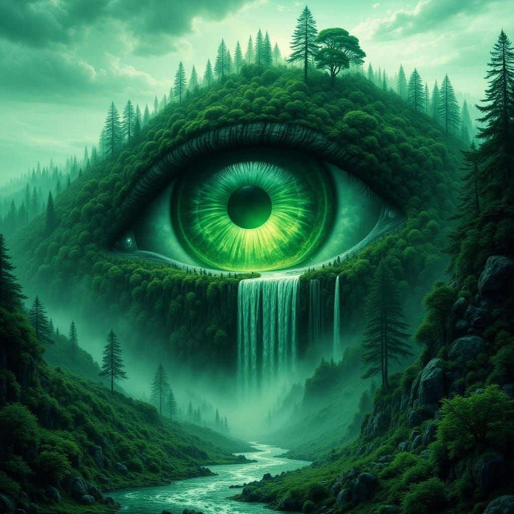 Surreal Green Valley with Giant Eye Waterfall