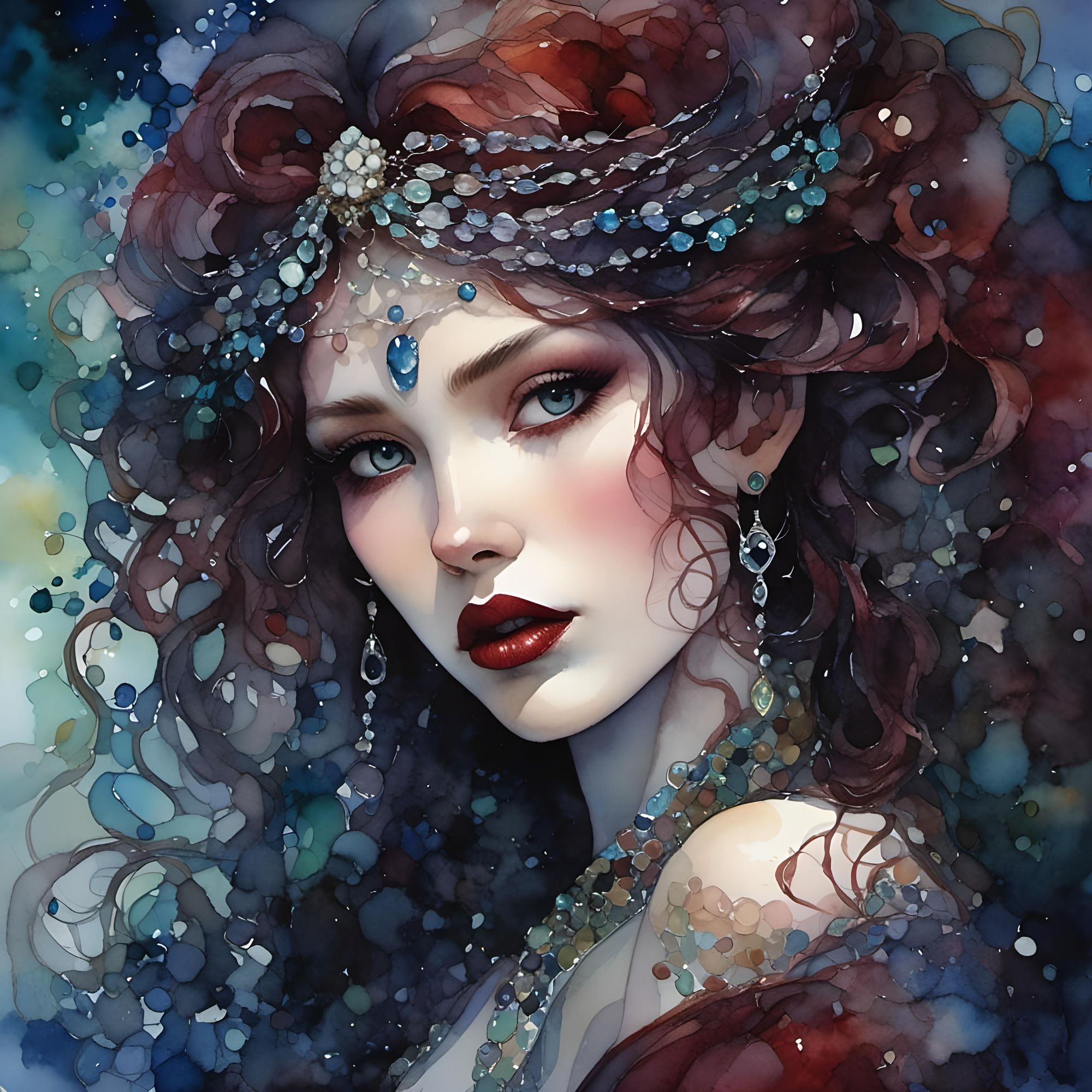 <lora:PR Alcohol WC Glass:1.0> High-resolution, close-up portrait of a woman with striking facial features. She has pale skin, piercing grey...