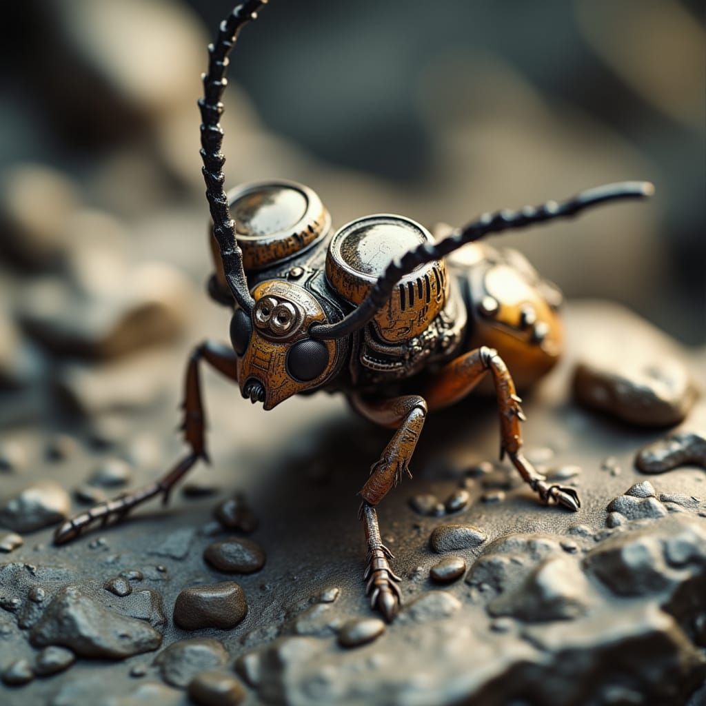 <lora:Macro Circuit Wash:1.0> A realistic photograph of an insect wearing steampunk-style glasses, sitting on rocks with intricate details,...