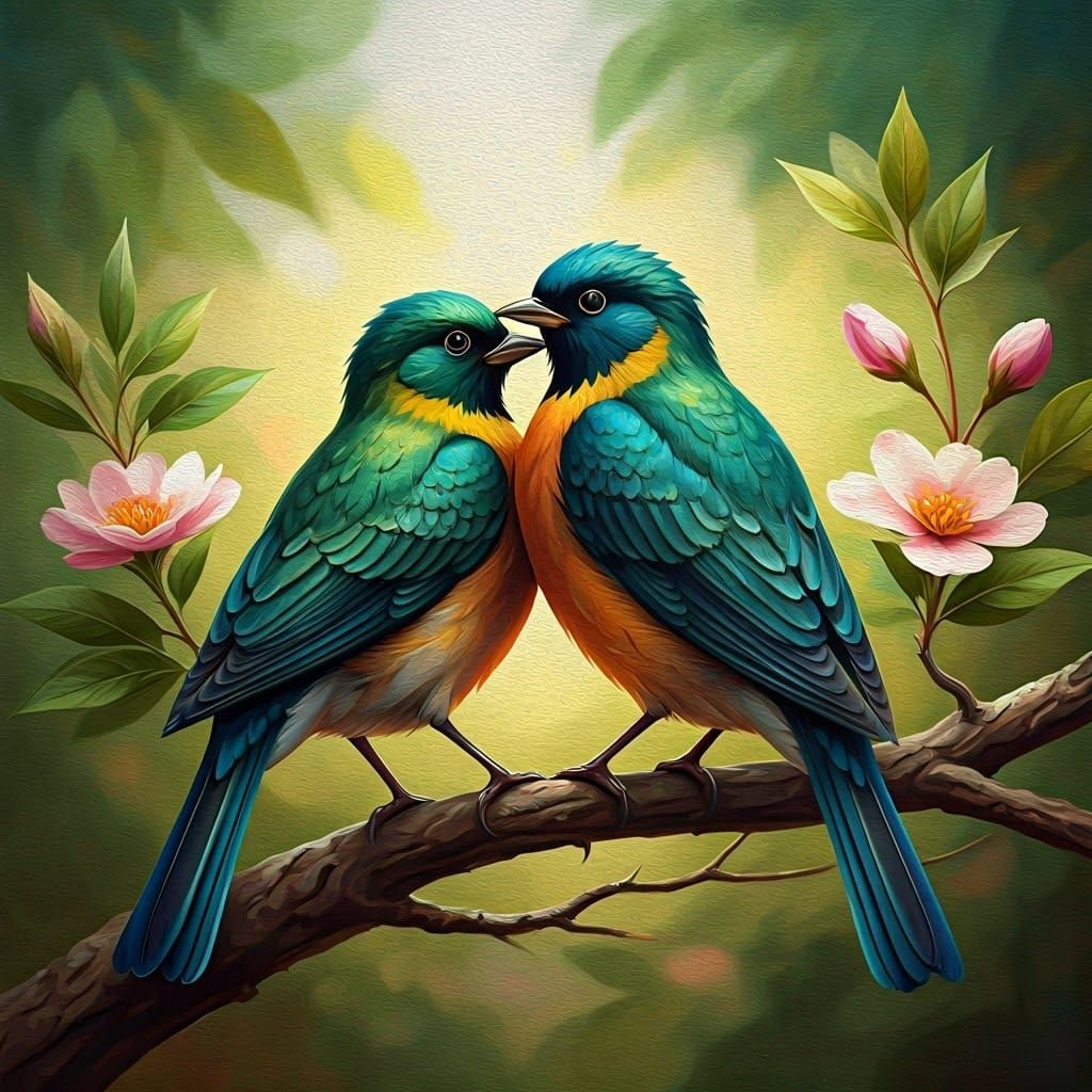 Emerald and Sapphire Songbirds in Impressionist Oil