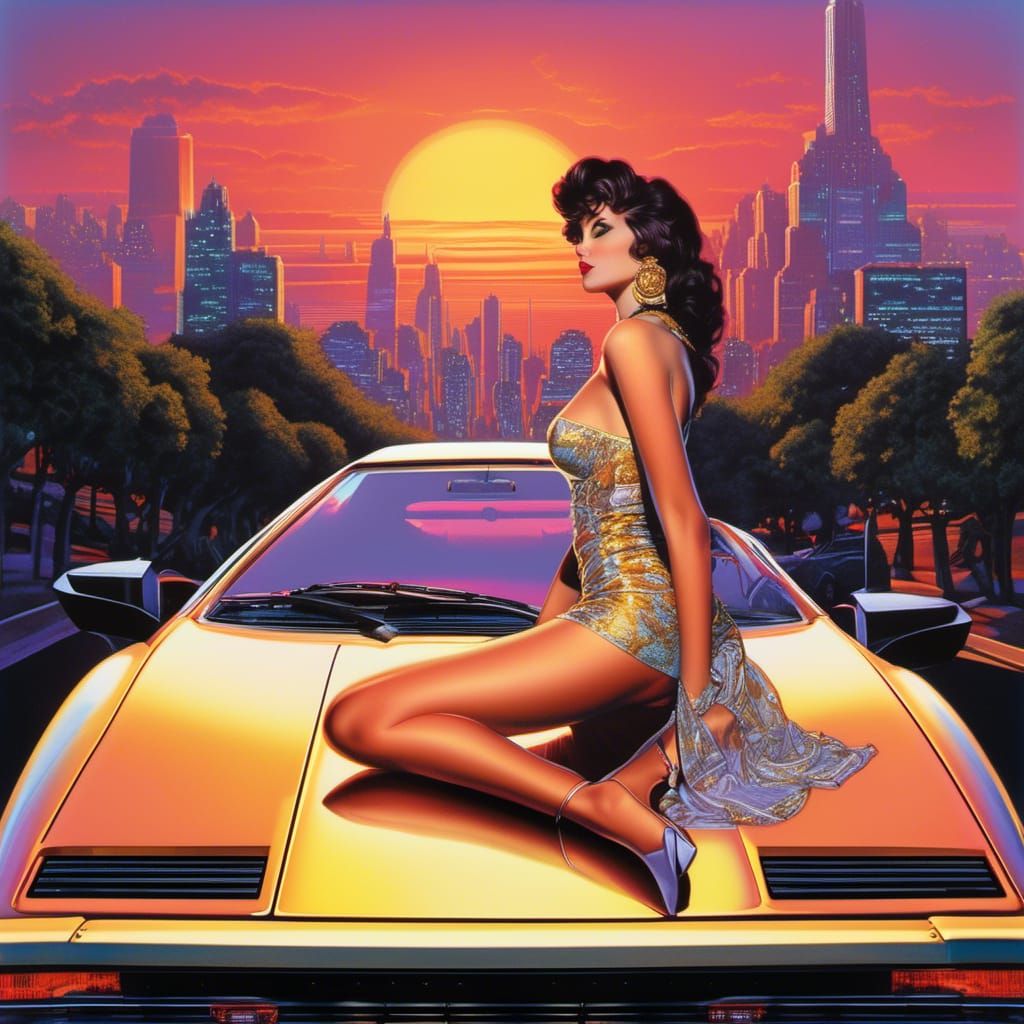highly detailed INTRICATE young woman 80S BY GIL ELVGREN AND MICHELANGELO AND MOEBIUS, on shiny reflections LAMBO CAR HOOD, INTRICATE CITY S...