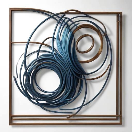  A freeform, asymmetrical wall sculpture made of wrapped metal and wood. Blue tubing, twine, curved lines.