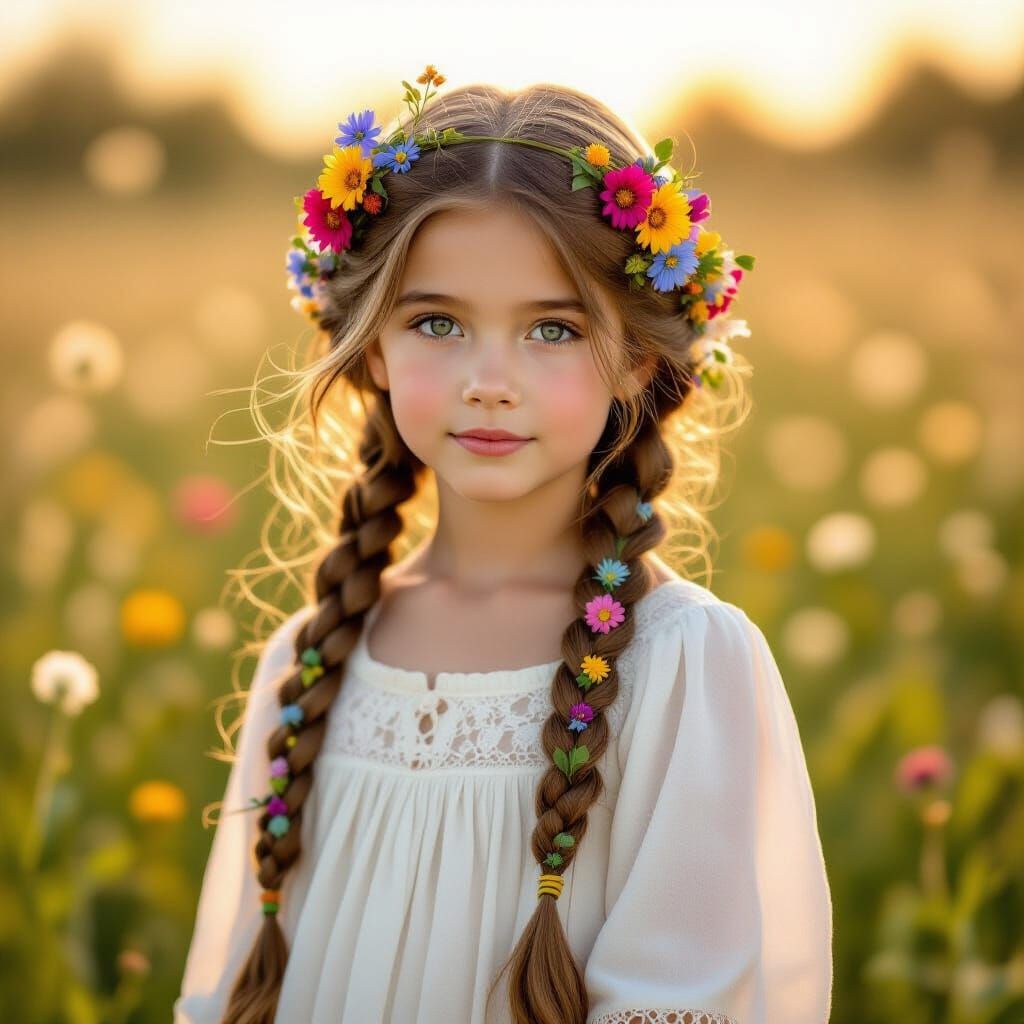 Young Girl in Wildflower Meadow, Pre-Raphaelite Style