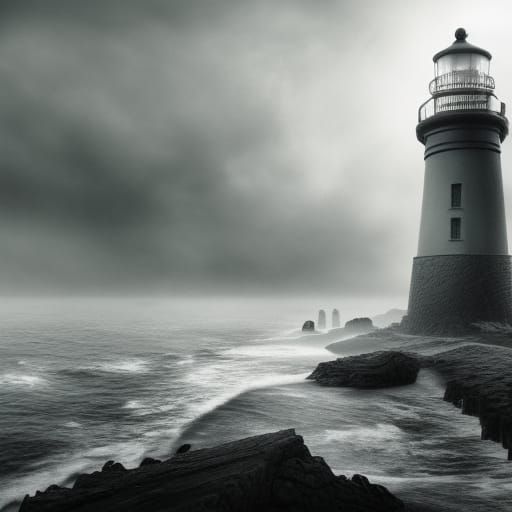 hyperdetailed ,mysterious, black and white lighthouse surrounded by fog ...