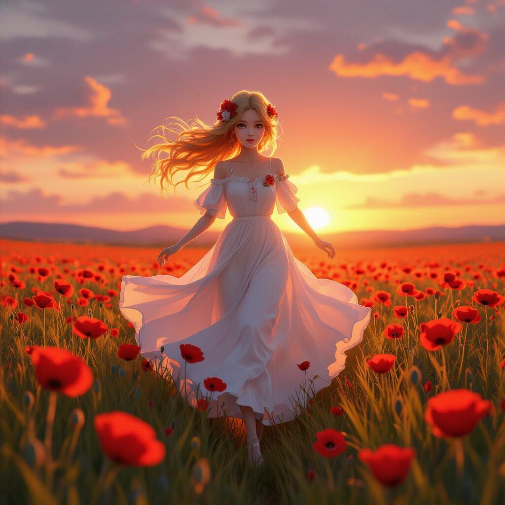 A simple young lady with golden locks of flowing hair running through a field of bright red poppies with the sun setting inbthe background. ...