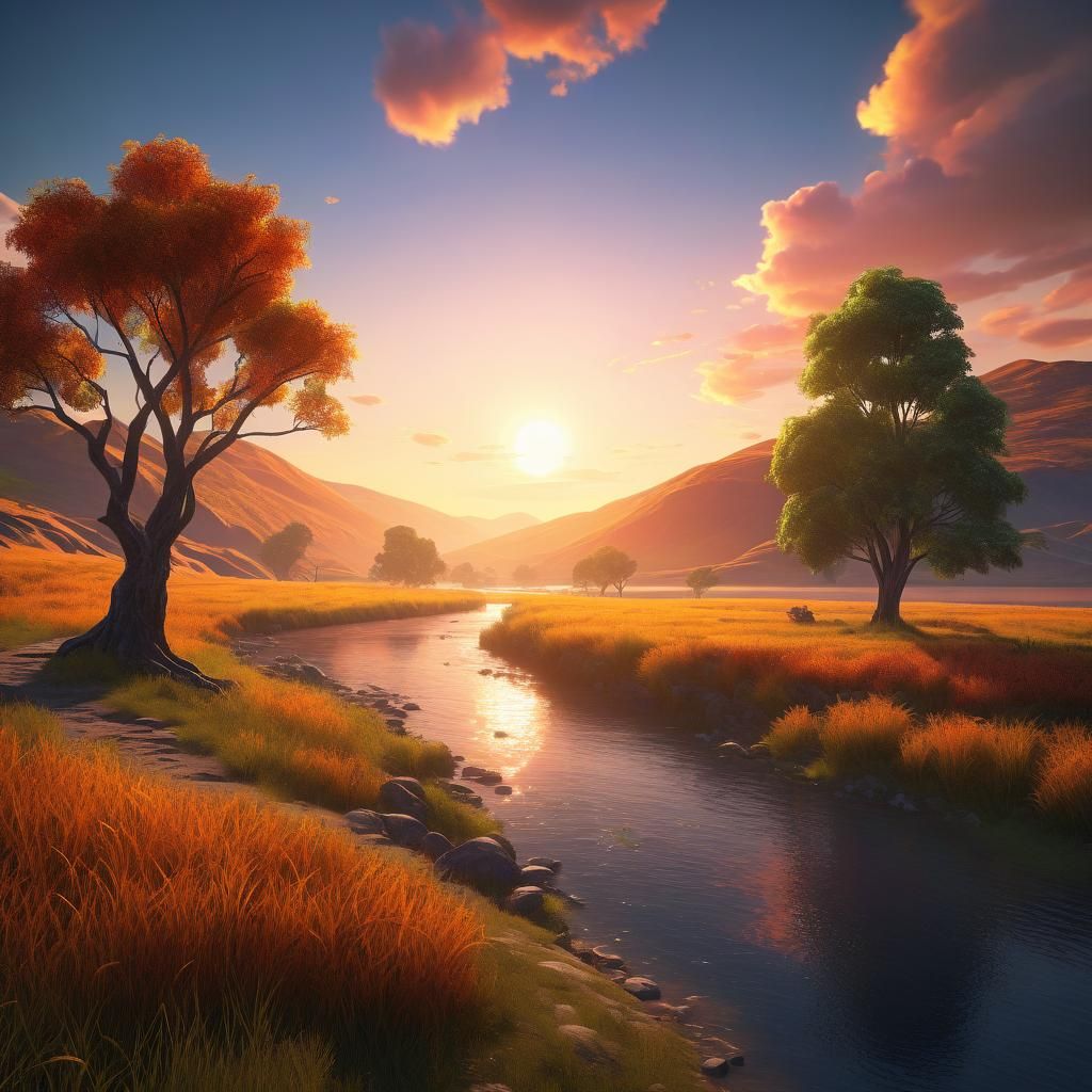 sunset background, river, hill, tree. realistic, high resolution, portrait photo, higher realistic