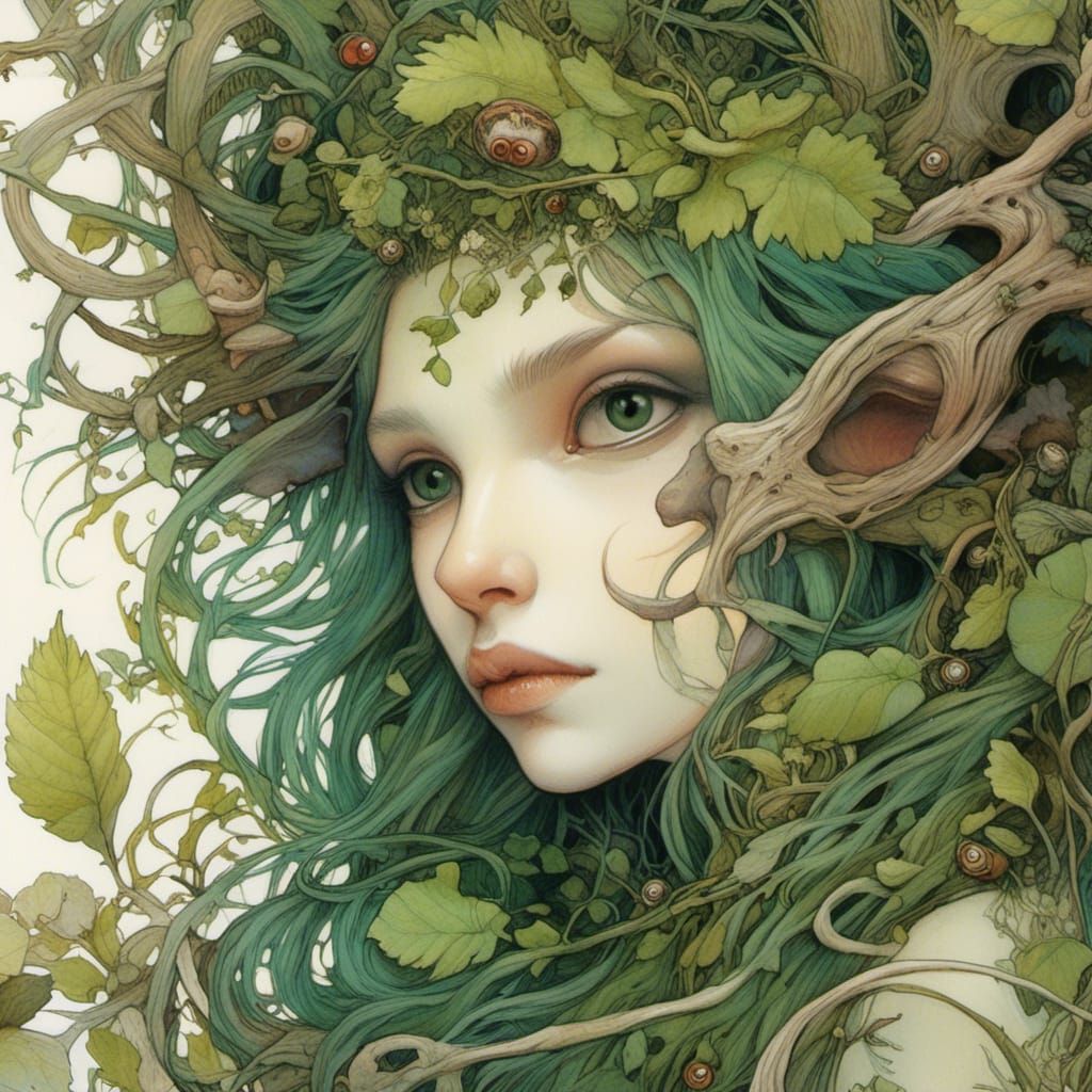 <lora:Crayon Story Book:1.0>close up face childish portrait , surreal  drawing maximalist  , Stunningly Beautiful green haired forest dryad...