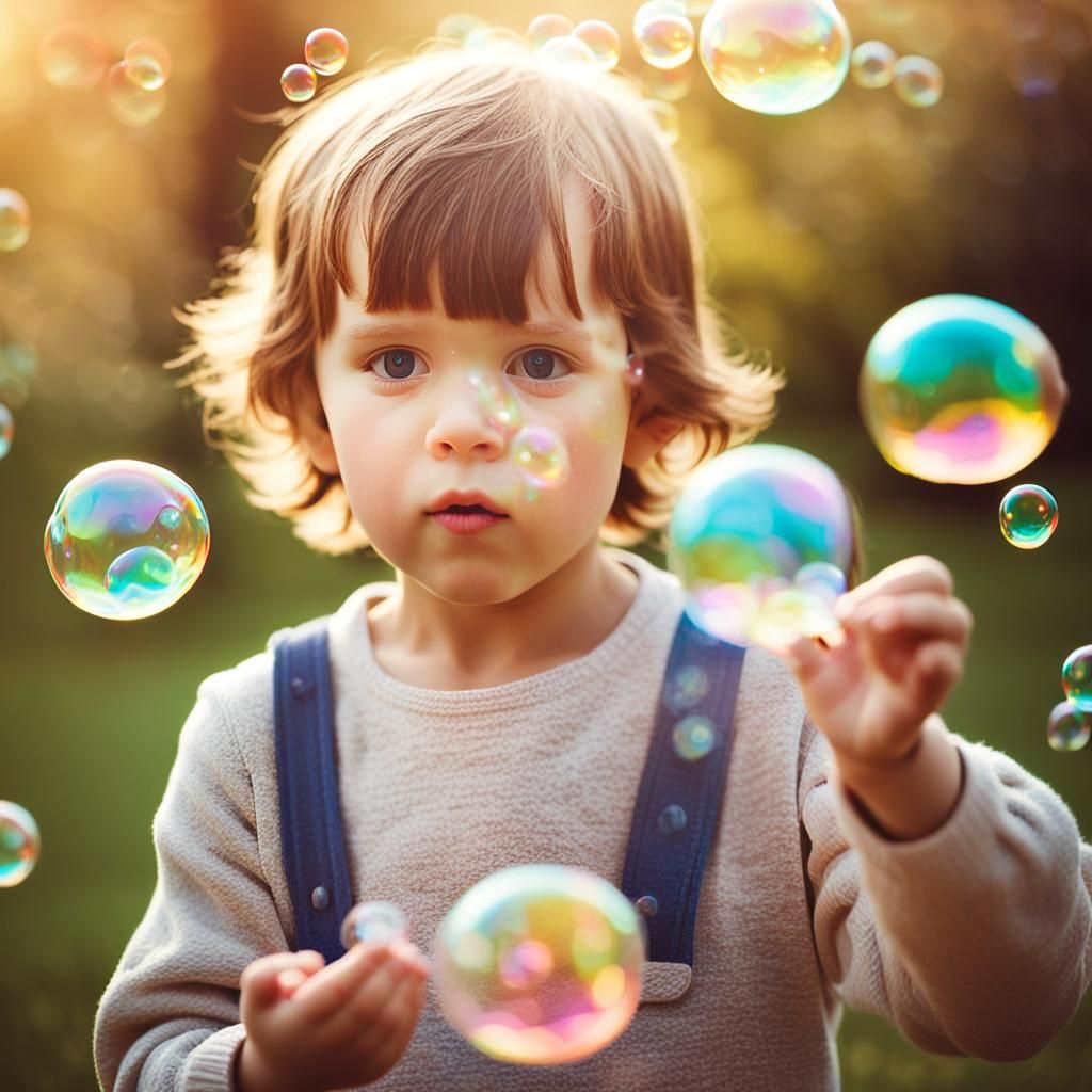 A child blowing bubbles happily