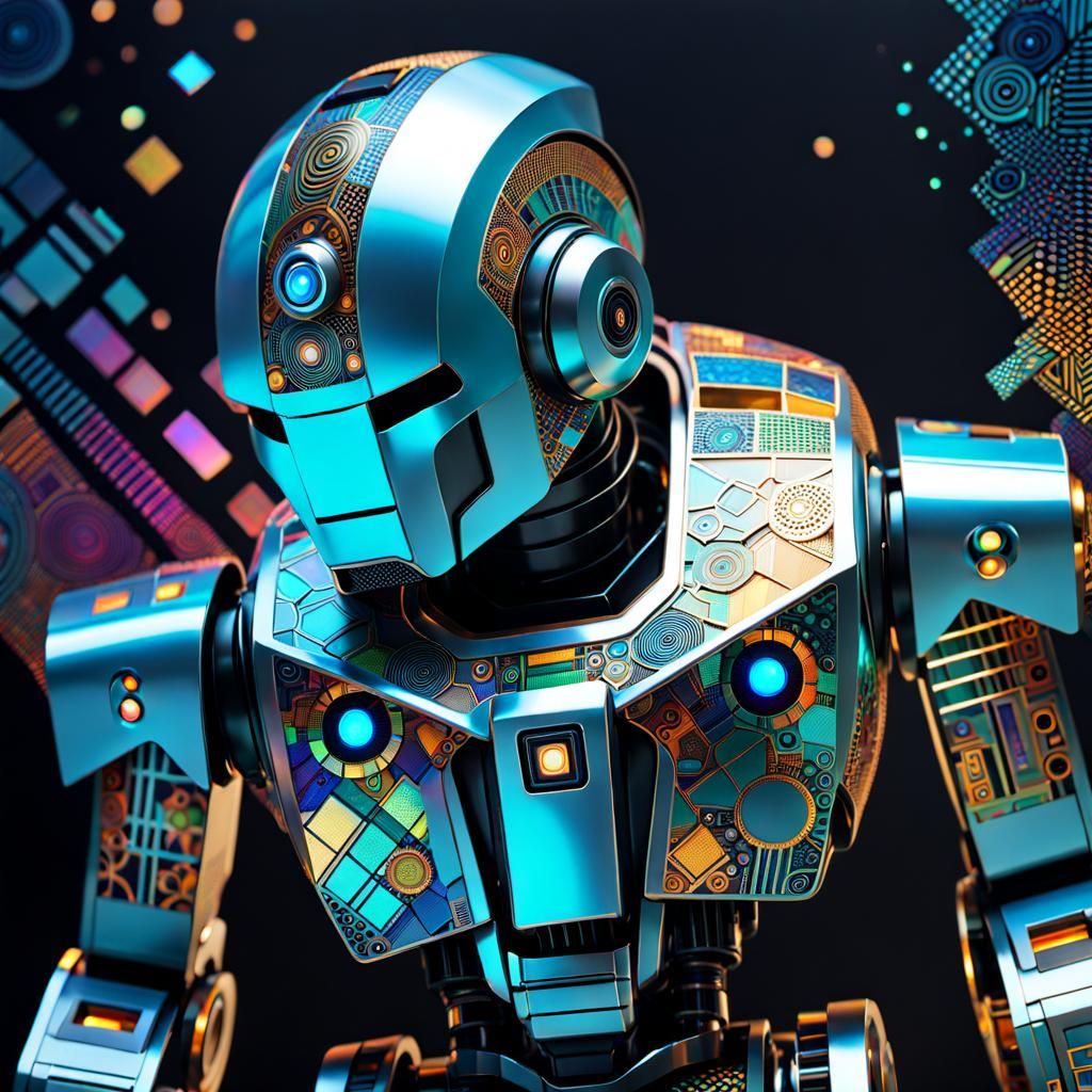 robot, holographic, fragmented, Memphis design, zentangle, Sparth