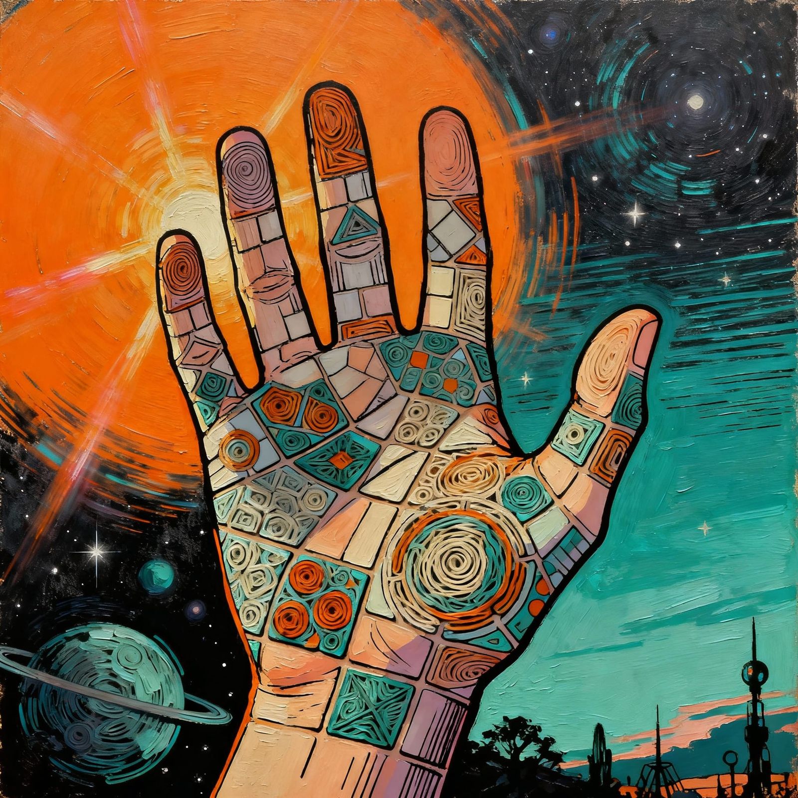 Dark Academia Surrealism Oil Painting with Geometric Pattern...