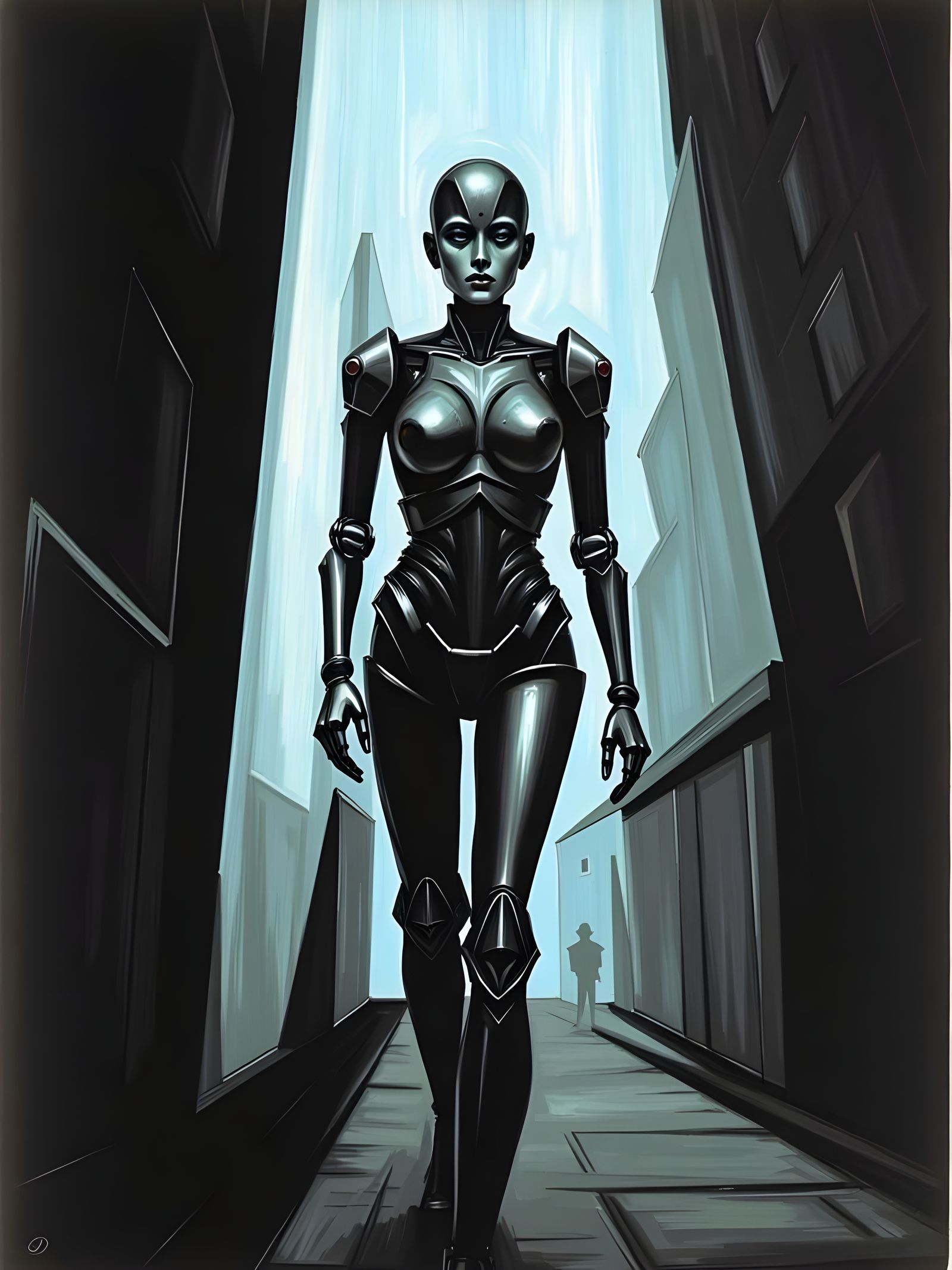 A female robot resembling Maria from Fritz Lang's silent film Metropolis stands tall in a stark, angular cityscape, rendered in a dramatic G...