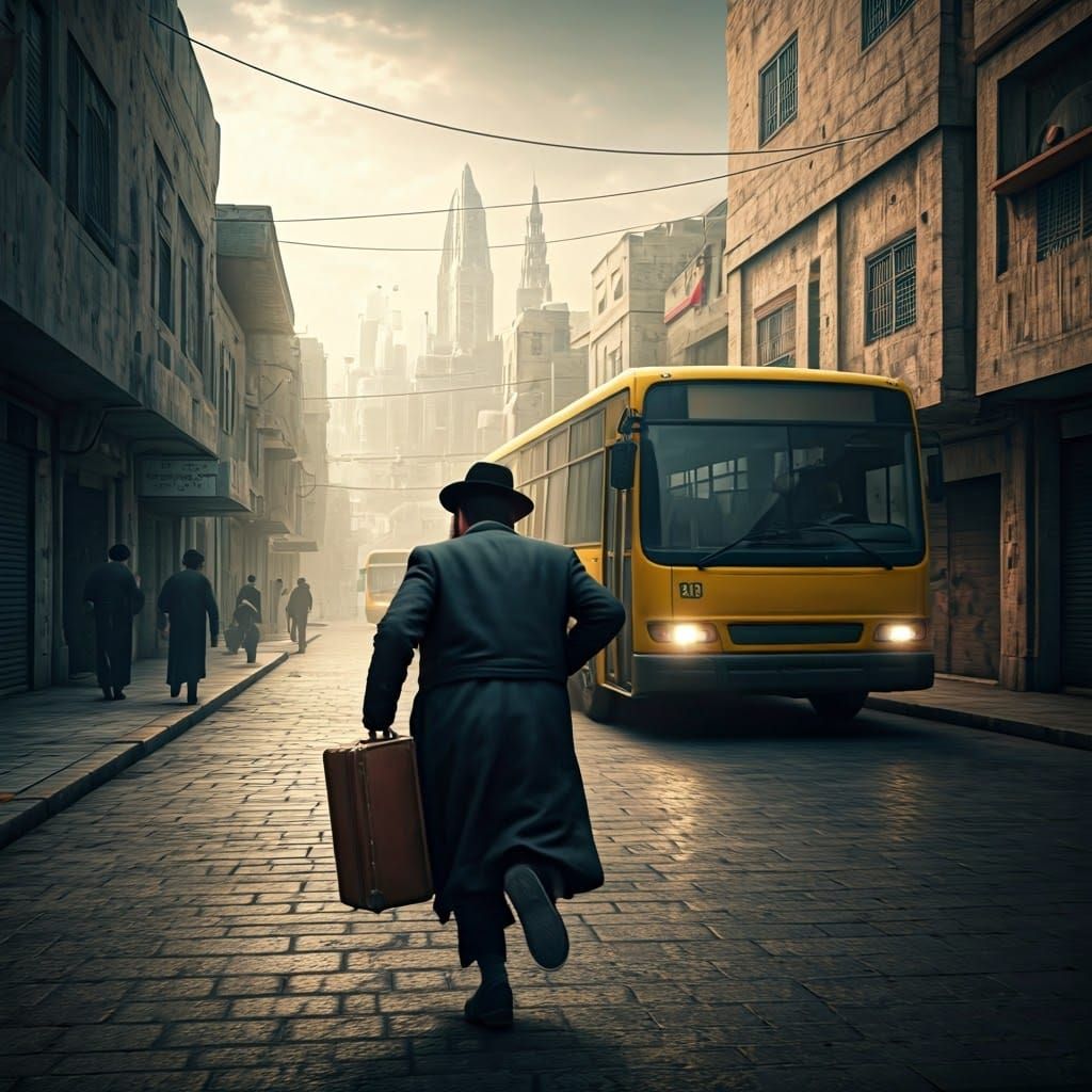 Young Hasidic Man Sprints Down Bustling Israeli City Street...