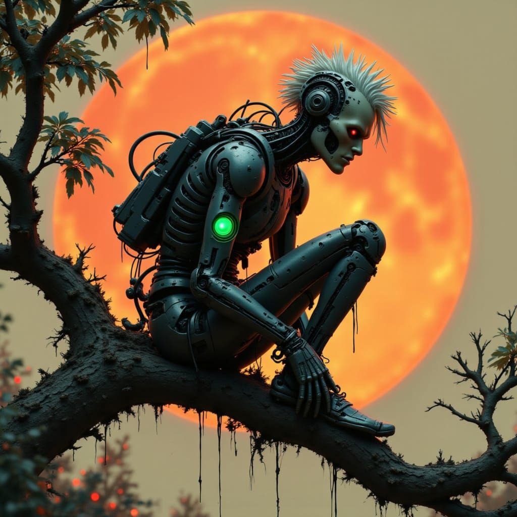Cyberpunk Youth"
A old figure with spiky hair perches on a glitching branch, neon cybernetic arm glowing neon green and black. Orange moon b...