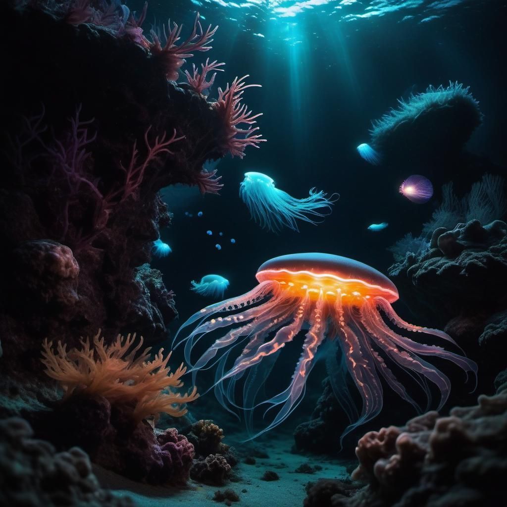 Underwater Bioluminescence scenes showcasing glowing sea creatures in ...