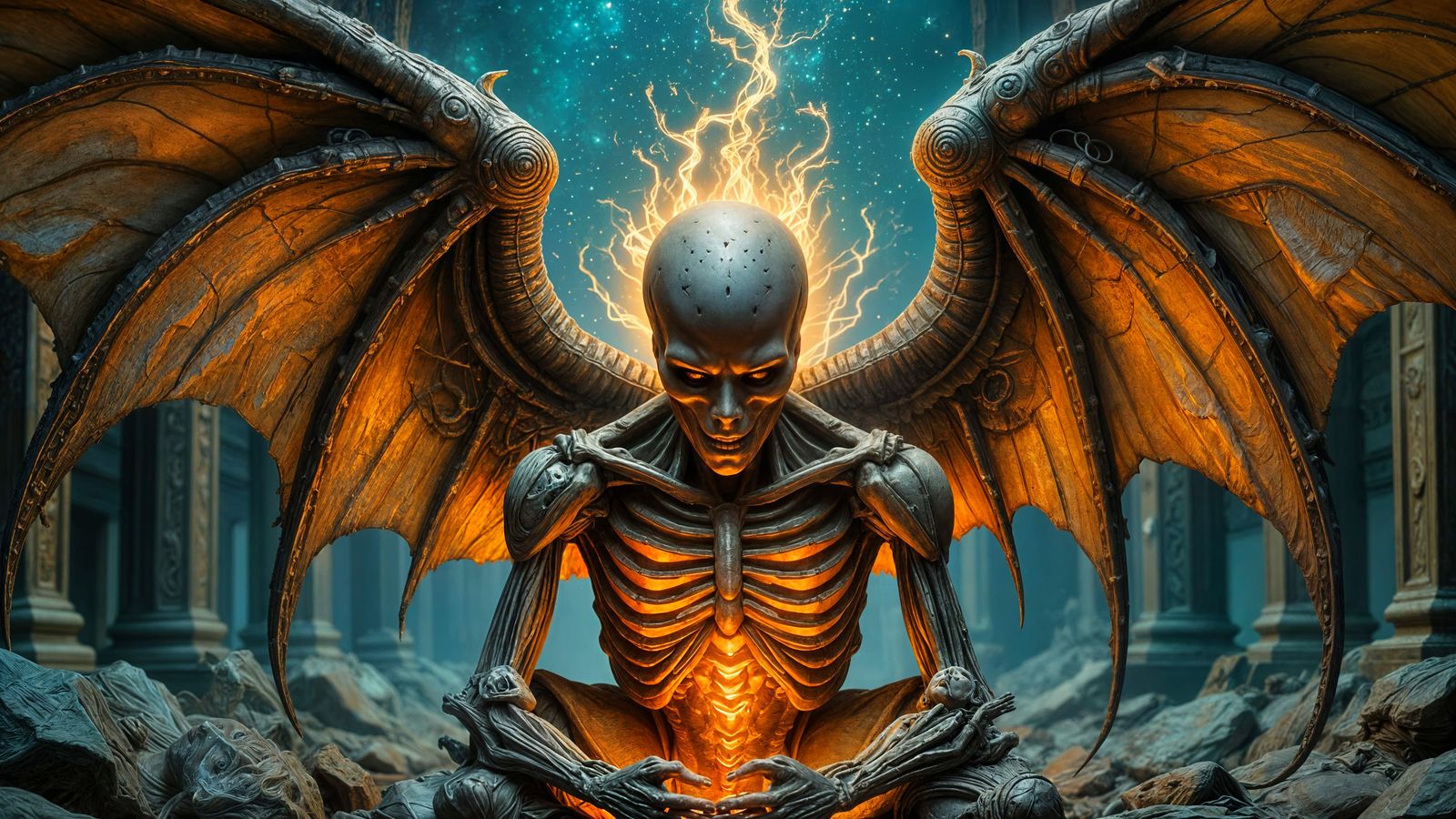 Undead Angel Prays in Crypt, Photorealistic Style