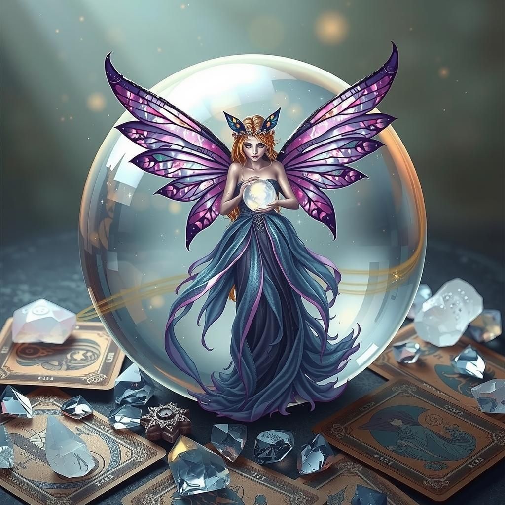  fairy with purple wings holding a crystal ball stood inside a crystal ball with scattered tarot cards and crystals around