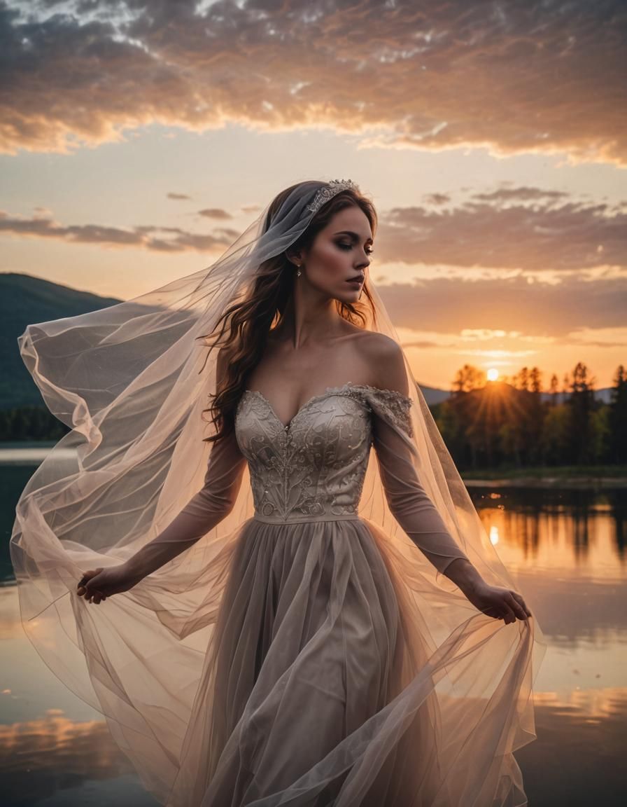 Beautiful woman in tulle veils, wind flowing ,  beautiful su...