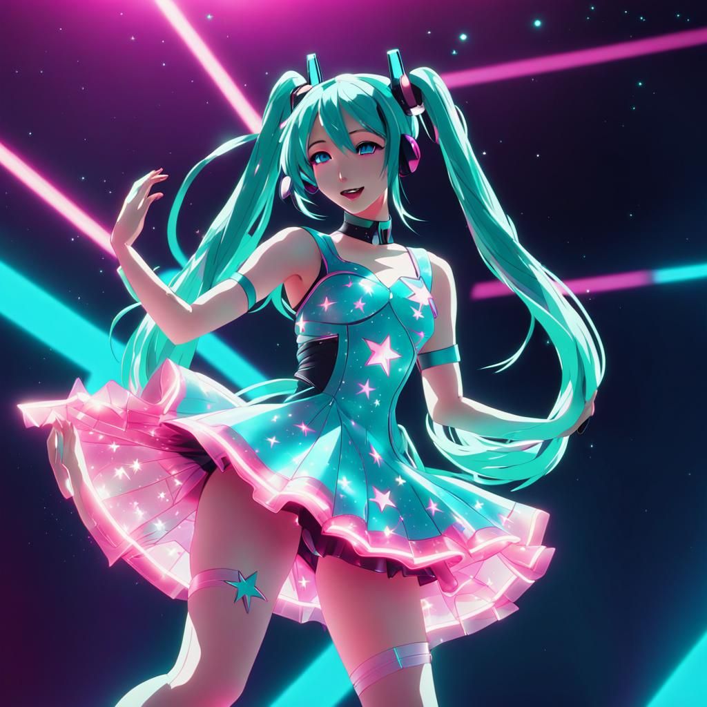 Vaporwave Hatsune Miku dancing on stage wearing star dress AI Generated Artwork NightCafe