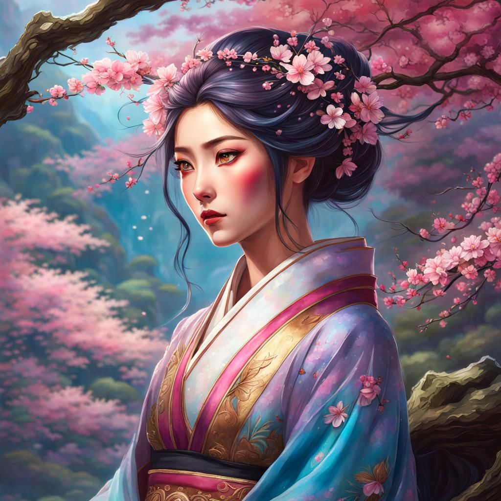 Japanese Blossom princess portrait Stylized splashy Watercolour by JB ...