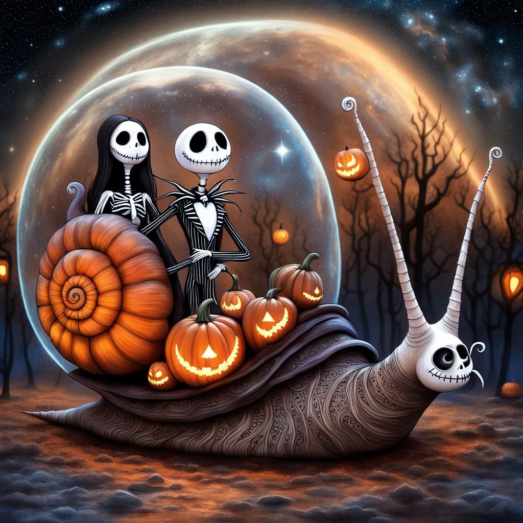 Tim Burton-style giant snail carrying fantasy Jack Skellington and Sally Halloweentown setting with pumpkins skulls cobwebs inside its trans...