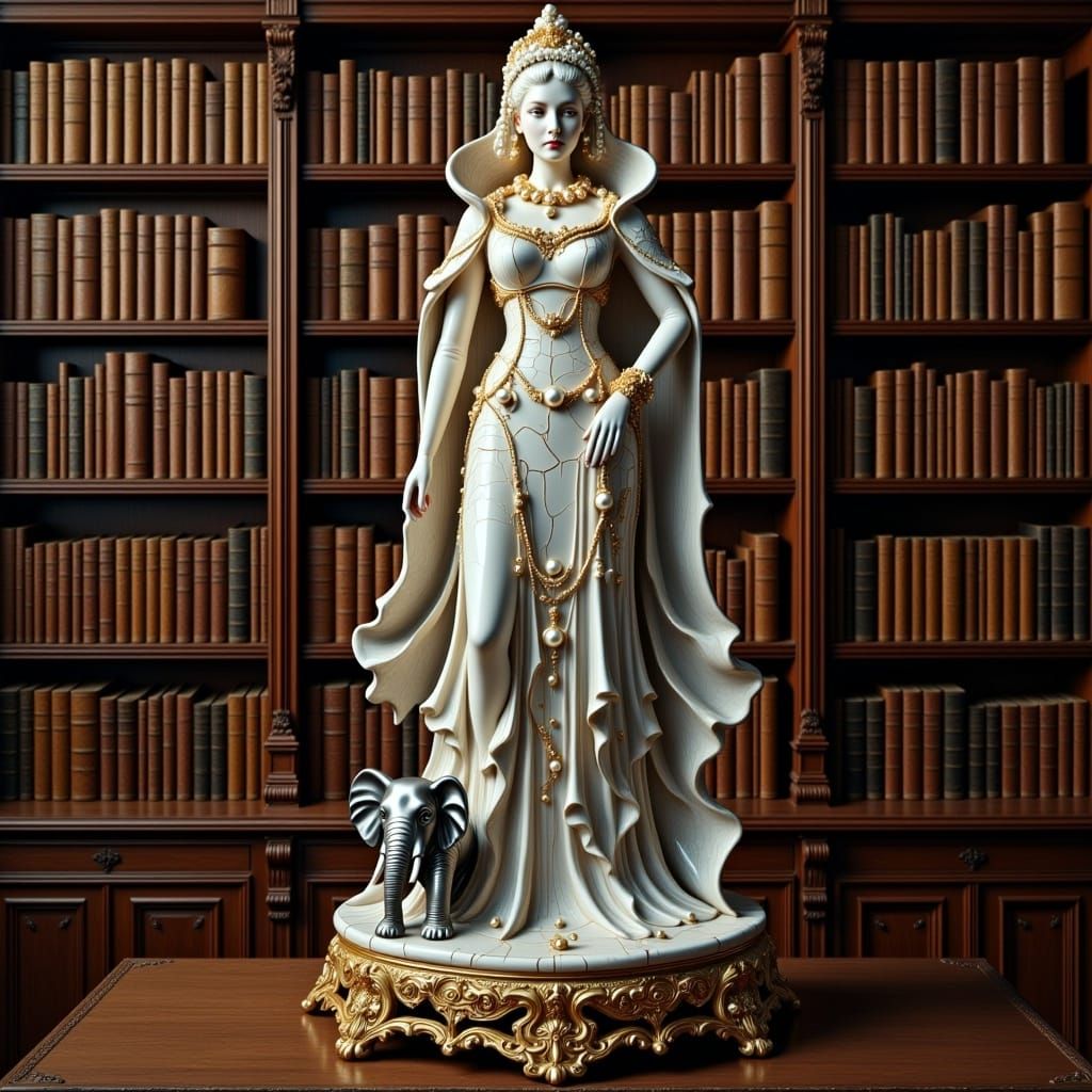 <lora:Ornamented:1.0>A deeply ornated cracked, big, centered porcelain sculpture of a woman ornated with golden flowers, pearls, victorian s...