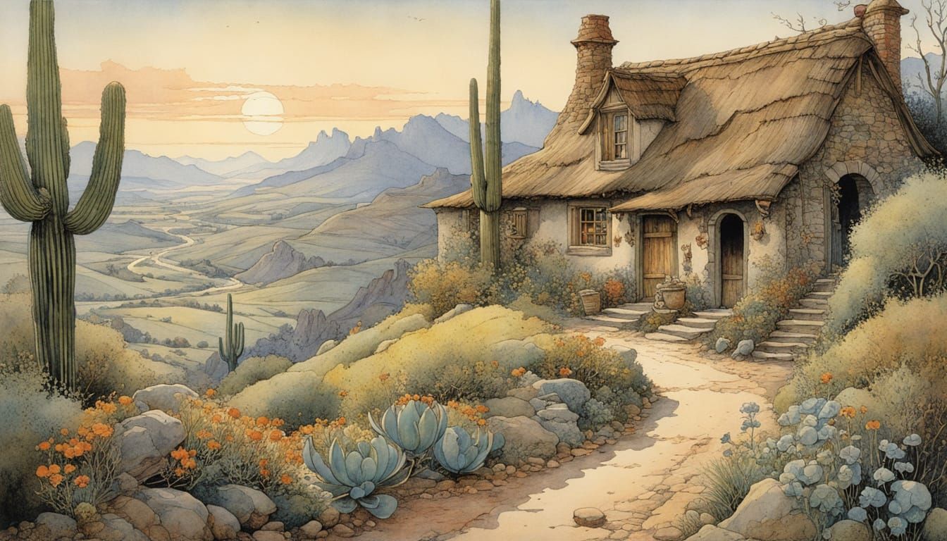 Arizona Night Scene in Storybook Illustration Style