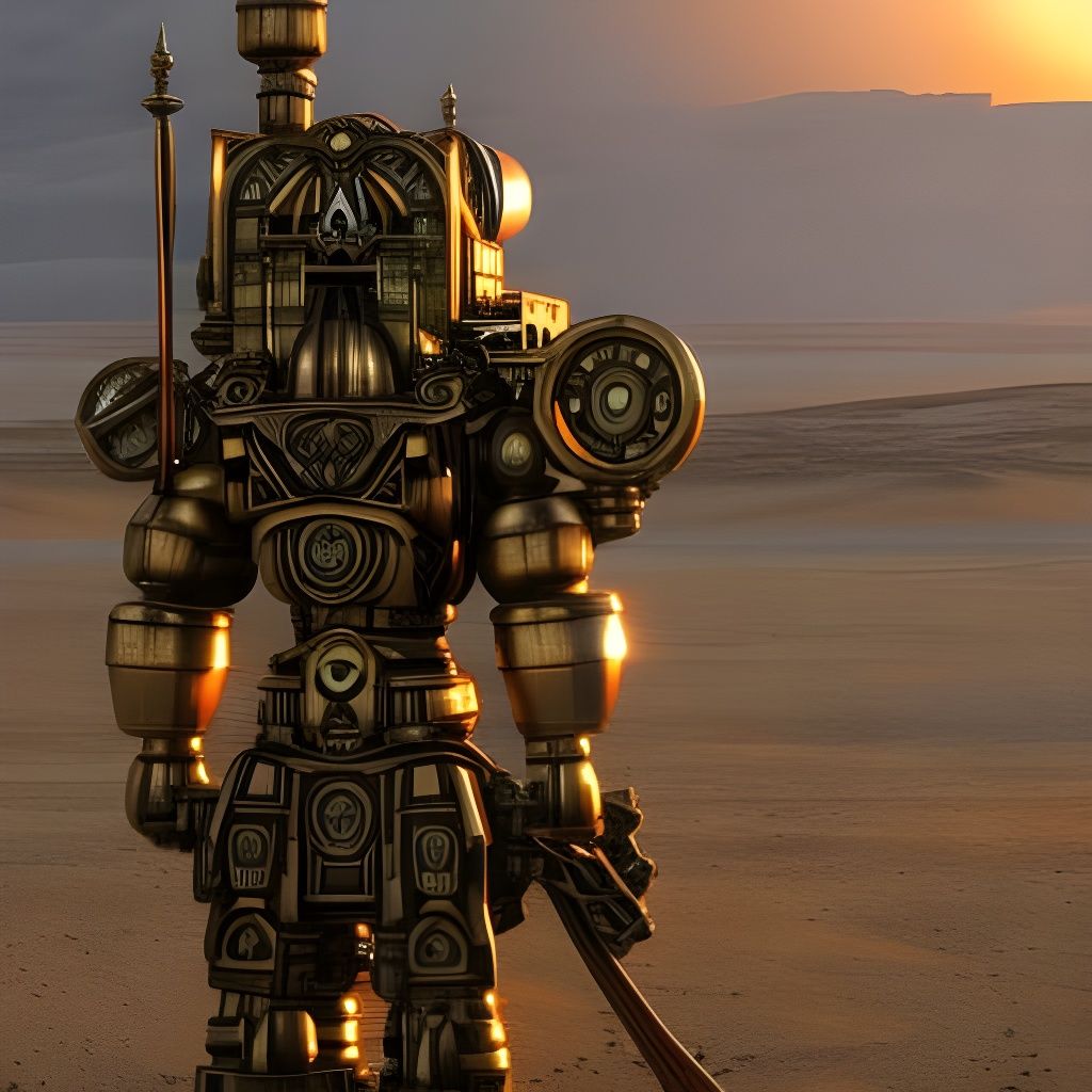 Brass Mecha Enjoying the Sunrise  by @Username_Already_Taken