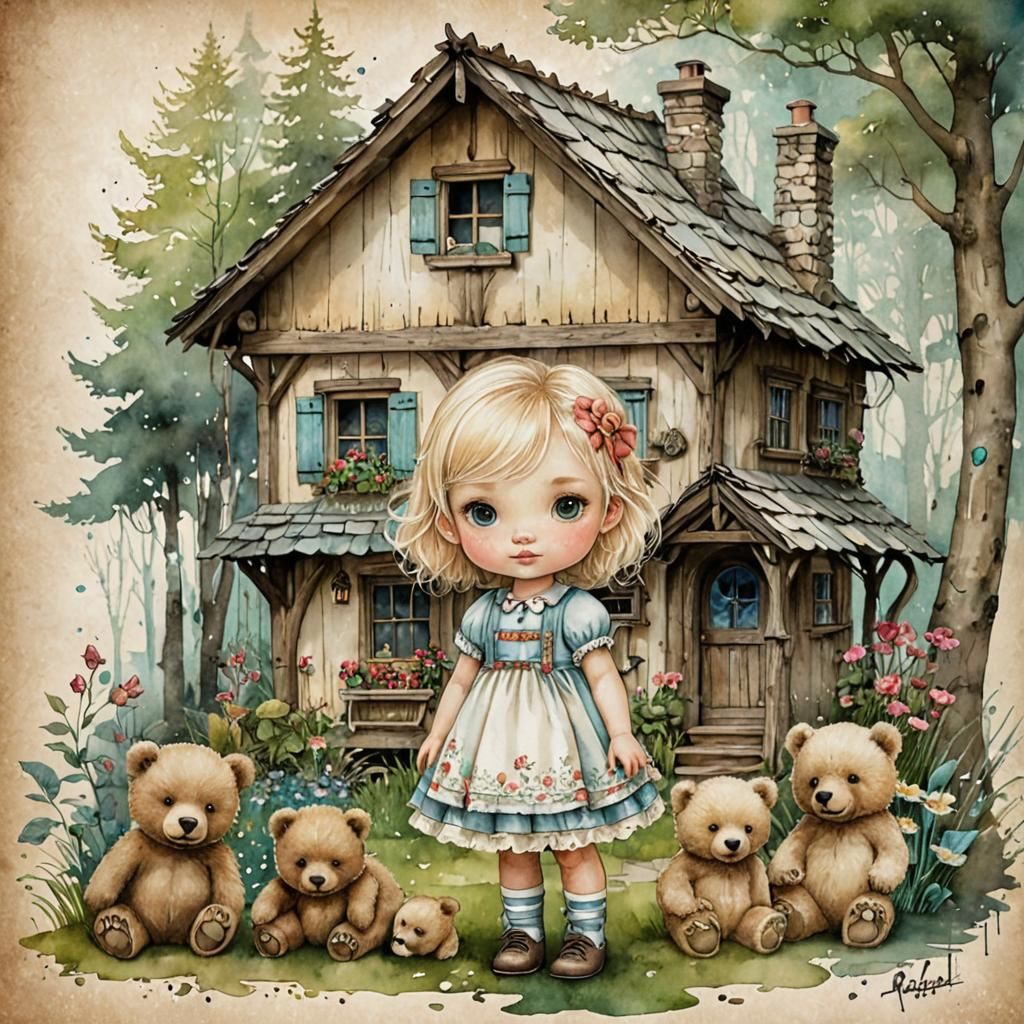 A beautiful littll blonde chibi toddler  and thee bears beside a whimsical woodland cottage,  cool  colors, ...  by @Jano