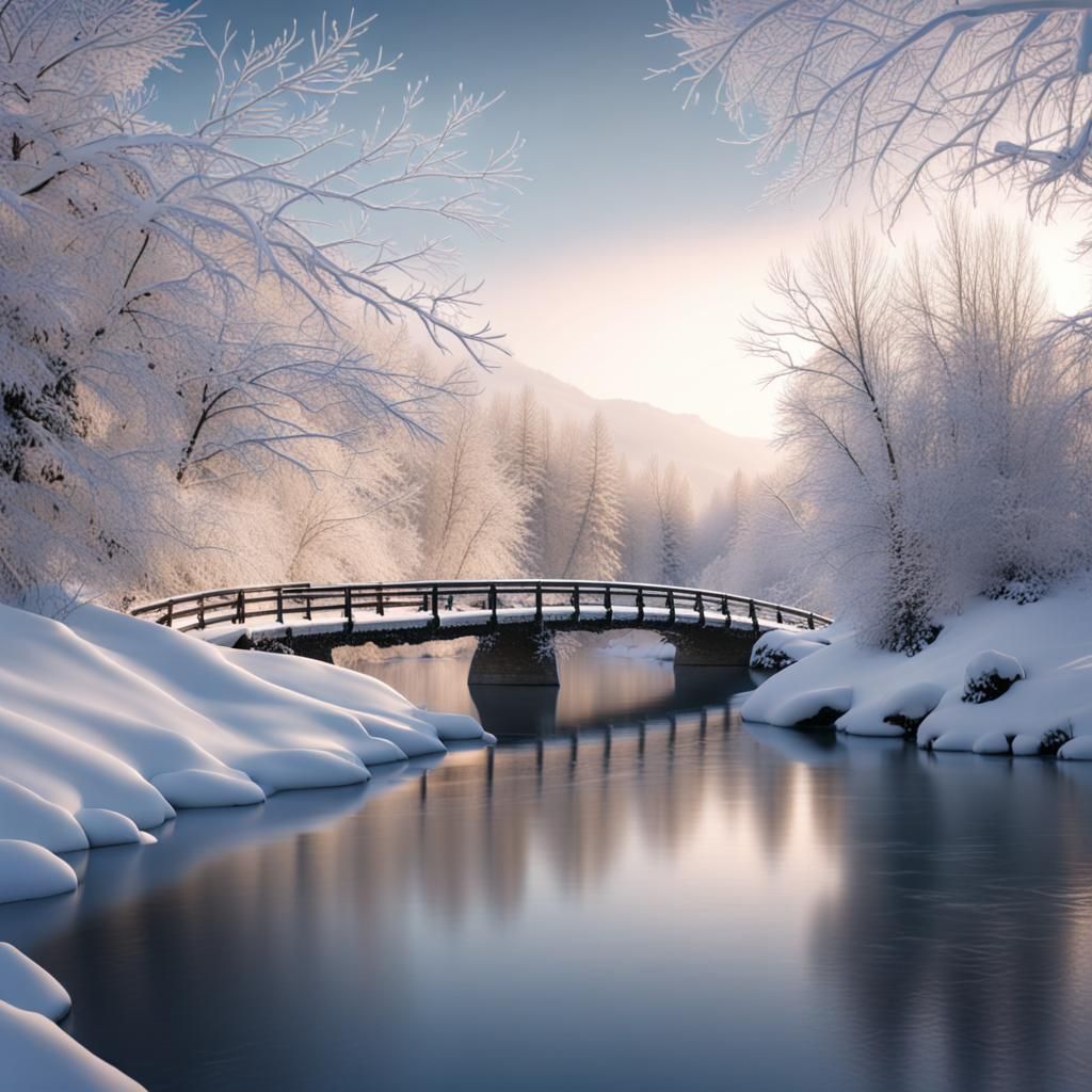 A serene winter landscape, with a bridge made of delicate, snow-covered branches stretching over a crystal ...  by @Erick Jimenez