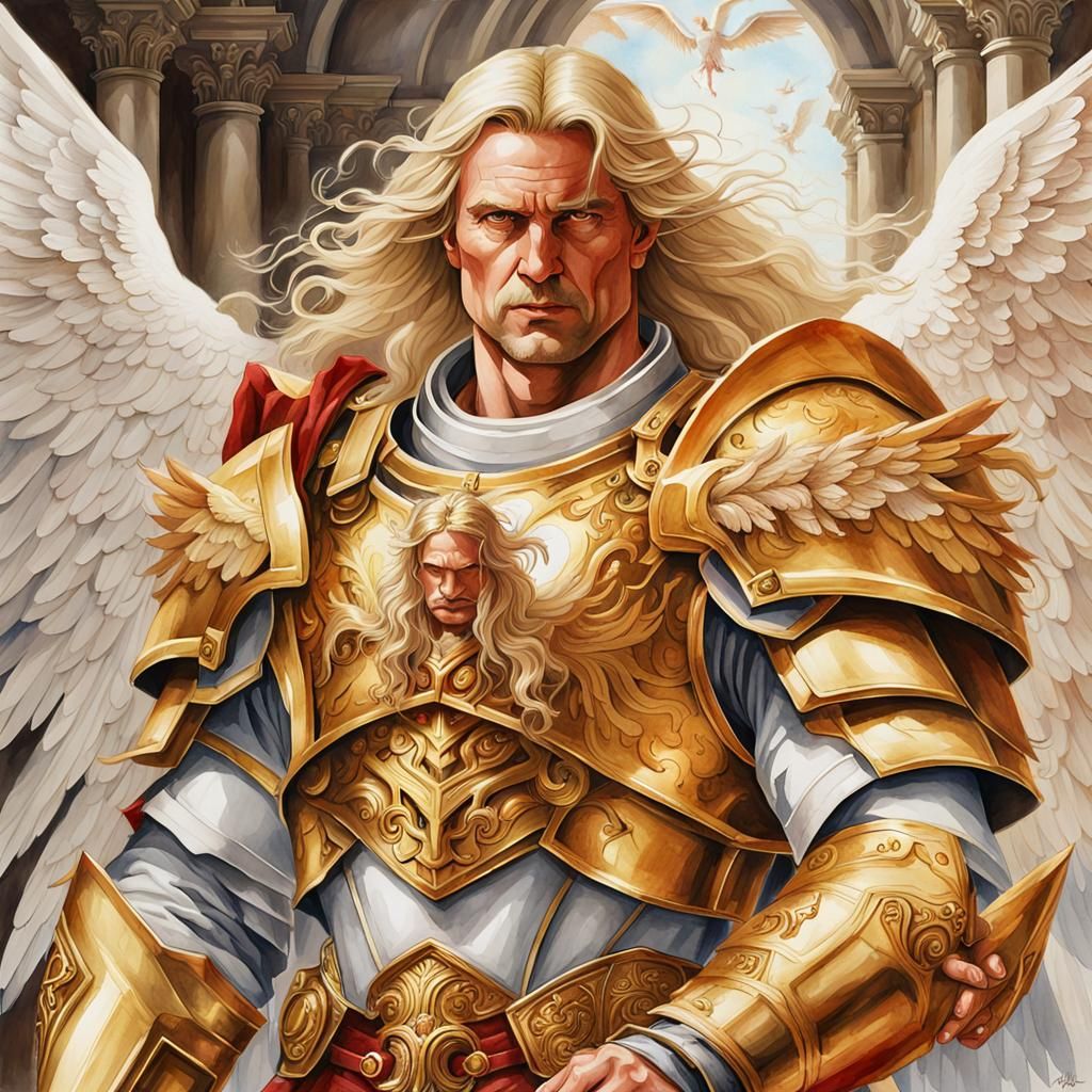 Watercolor painting of Sanguinius. White angel wings, long blonde hair ...