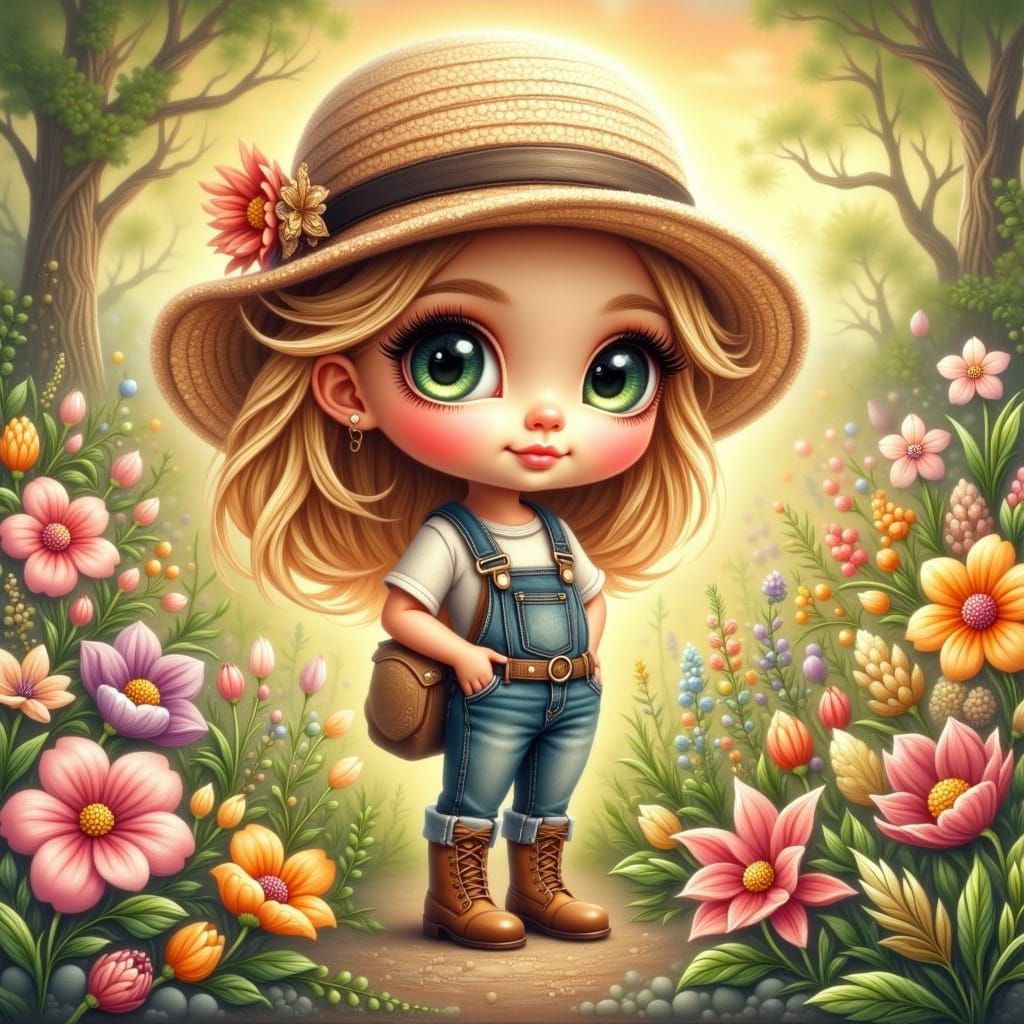 Whimsical Chibi Garden Girl Basks in Summer Sunset Glow