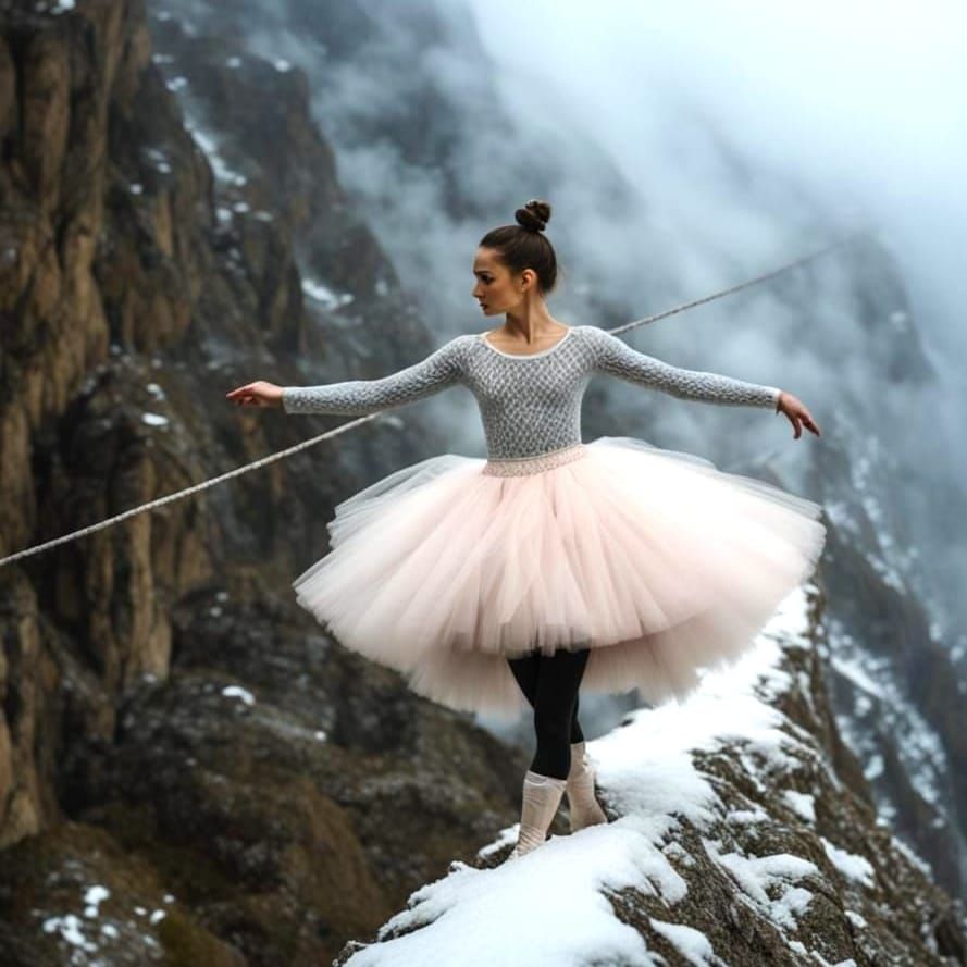 Ballerina Walks Tightrope Above Snowy Mountains in Moody, At...