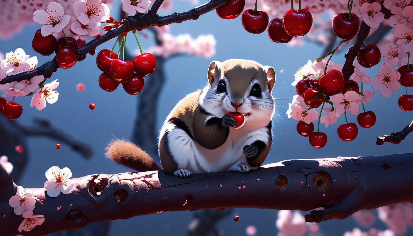 Adorable japanese flying squirrel feasting on a gorgeous, ripe cherry in a stunning cherry tree  by @Dorian