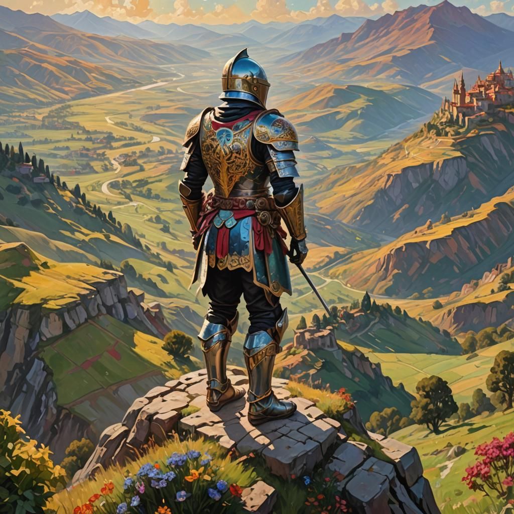 Rider in ornate armor on a hilltop overlooking a bright, col...