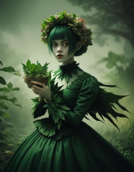 Monster doll woman with beautiful green leafs with flowers d...