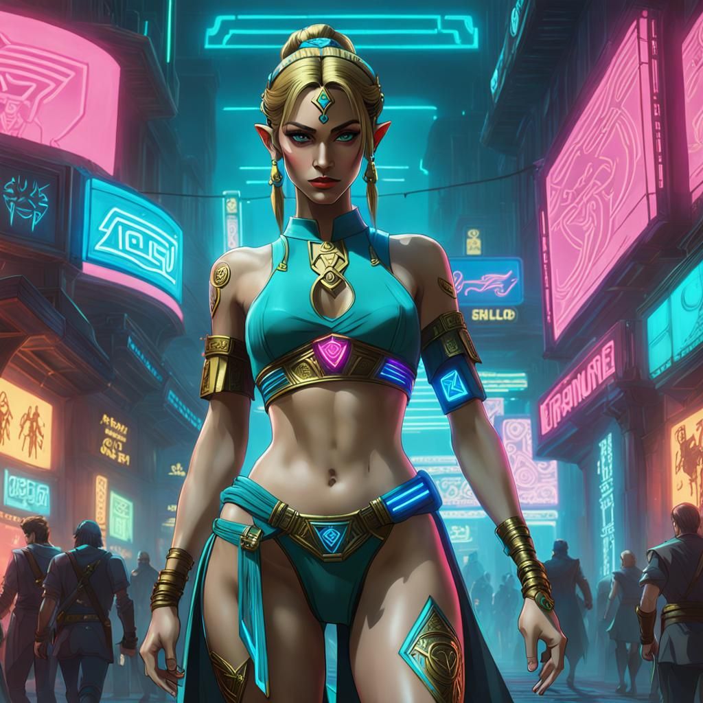 Princess Zelda, skimpy Greek goddess attire, bare midriff