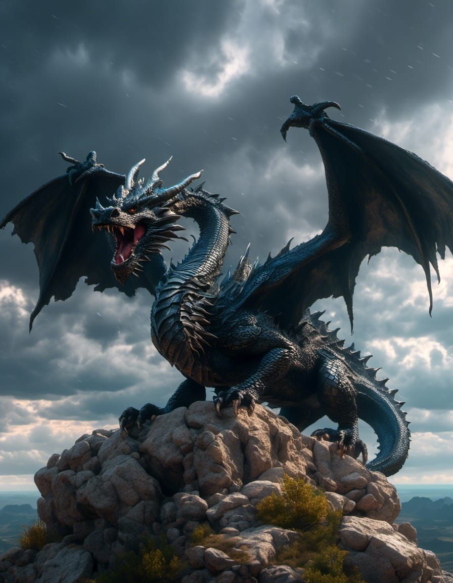 Angry black dragon perched on a cliff facing viewer with storm clouds in the background. HDR, UHD, 8k, ultra realistic. <lora:Dragon Style:1...