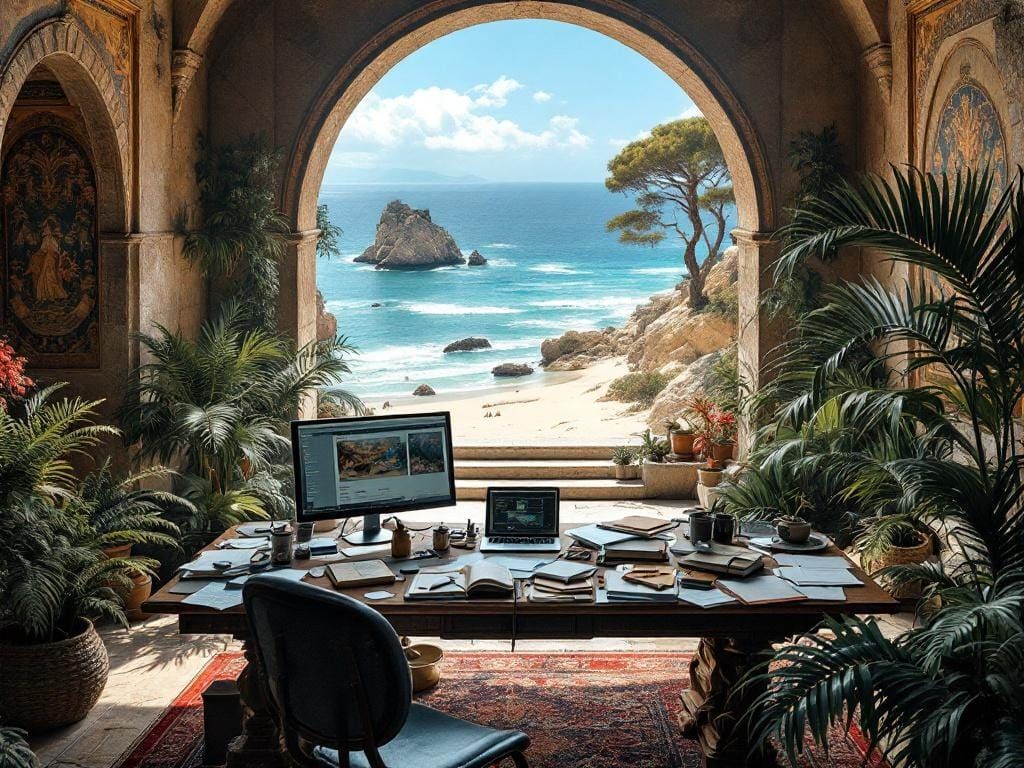 Far away diagonal side ways view of a work desk with untidy sheets and notebooks, laptop and big monitor amidst a super high ceiling bright ...