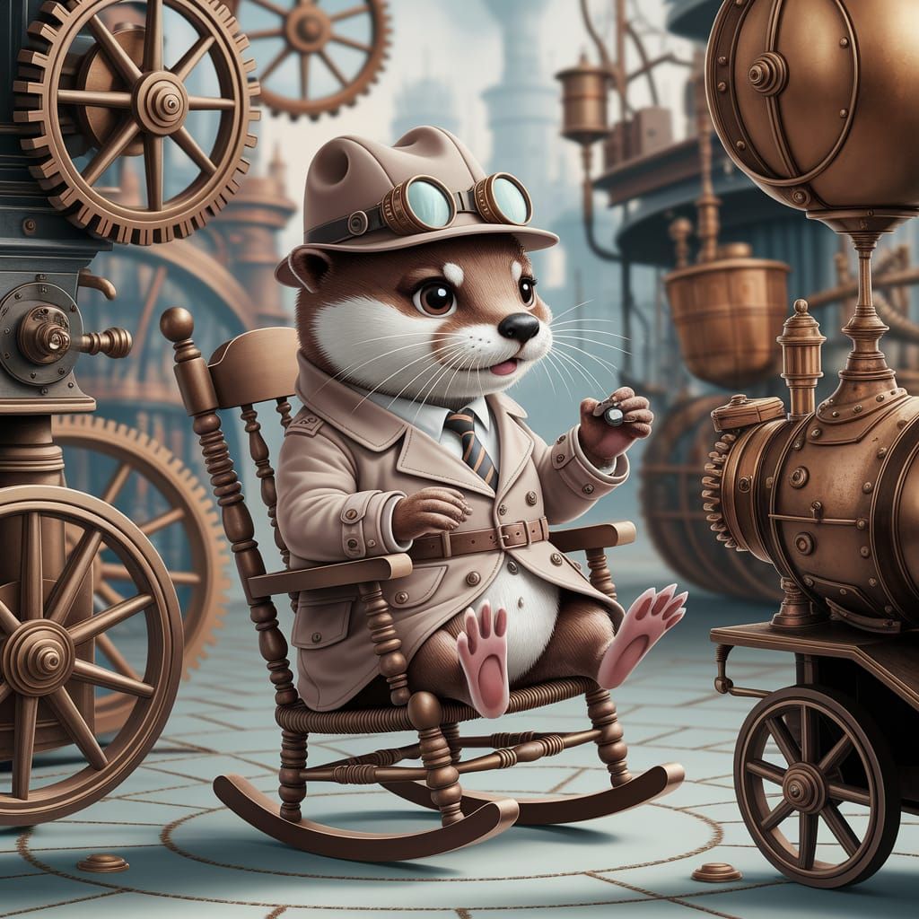 envision a playful otter detective, not on a beach, but in a bustling steampunk city, sitting in a miniature ...  by @Starlight