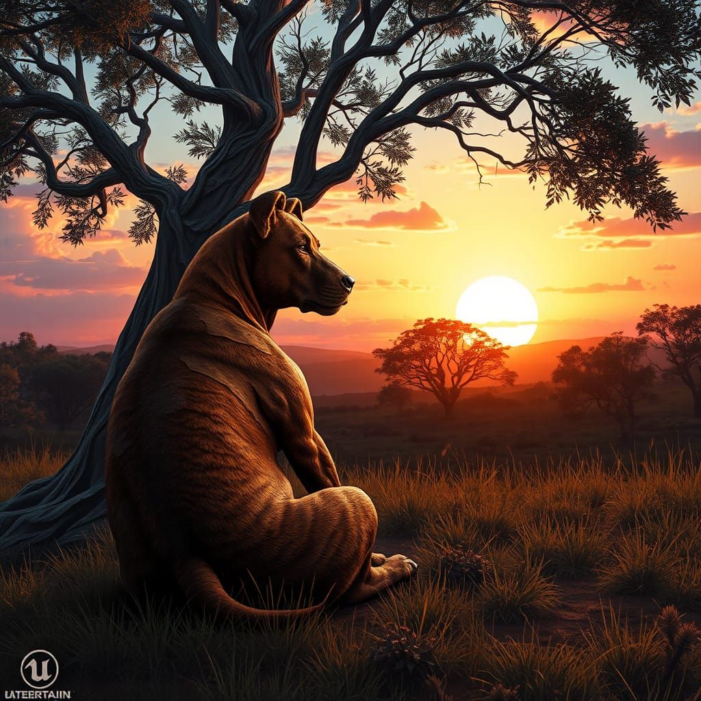 A paper collage artwork of a boerboel sitting under a tree l...