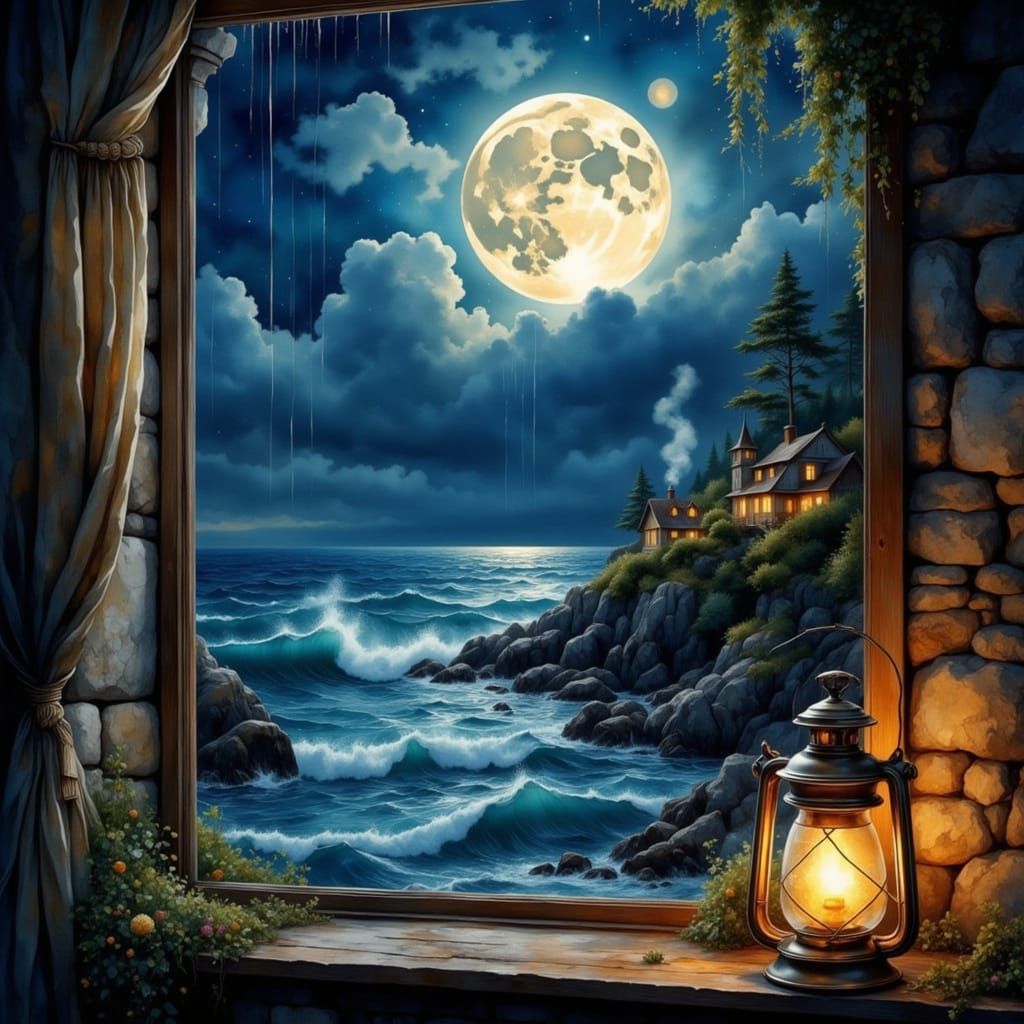 Dreamy Nocturnal Seascape in Watercolor Style