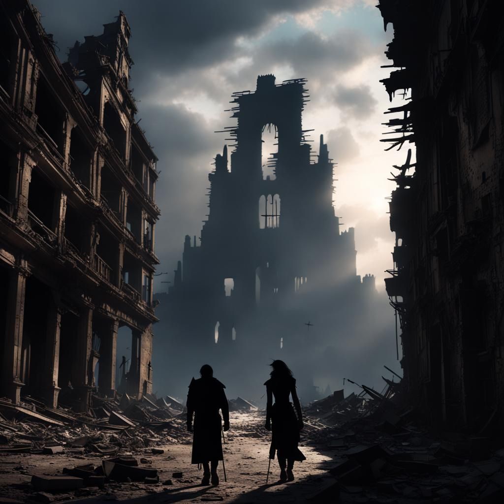 A giant shadow silhouette walking in a ruined city.