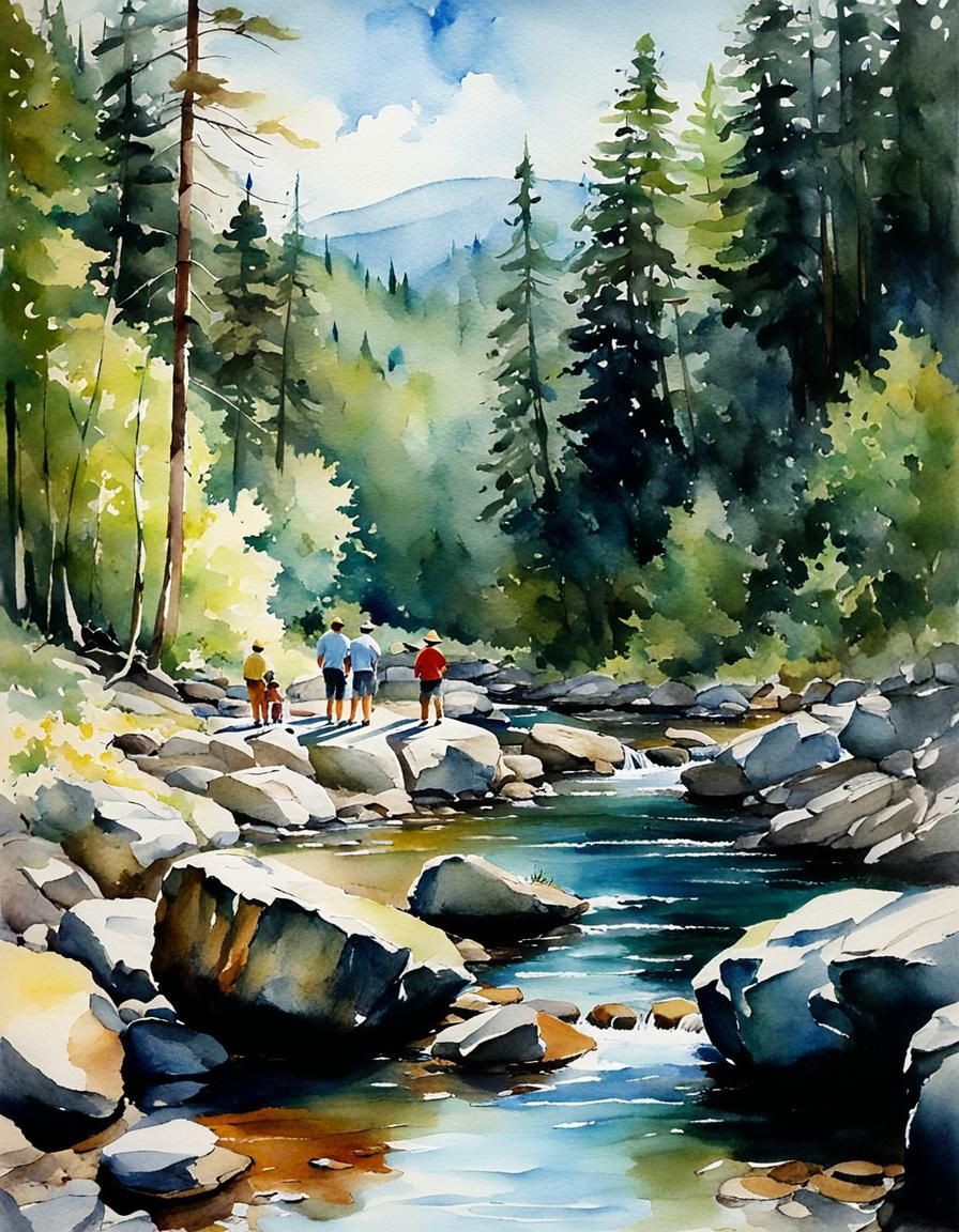 Father watching sons playing on rocks in a forested creek