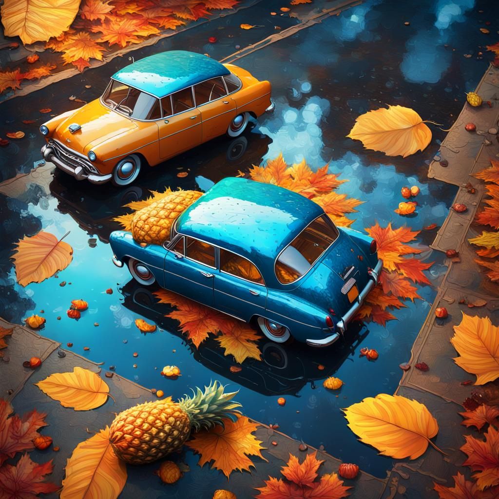 Pineapples in Autumn Puddle, Surreal Fantasy Art