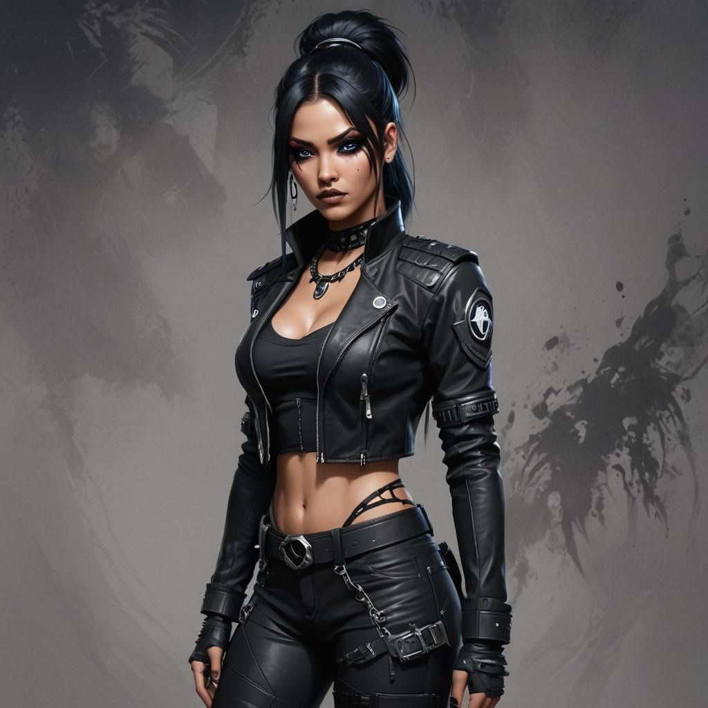 Navajo goth girl, cyberpunk scout, black jacket